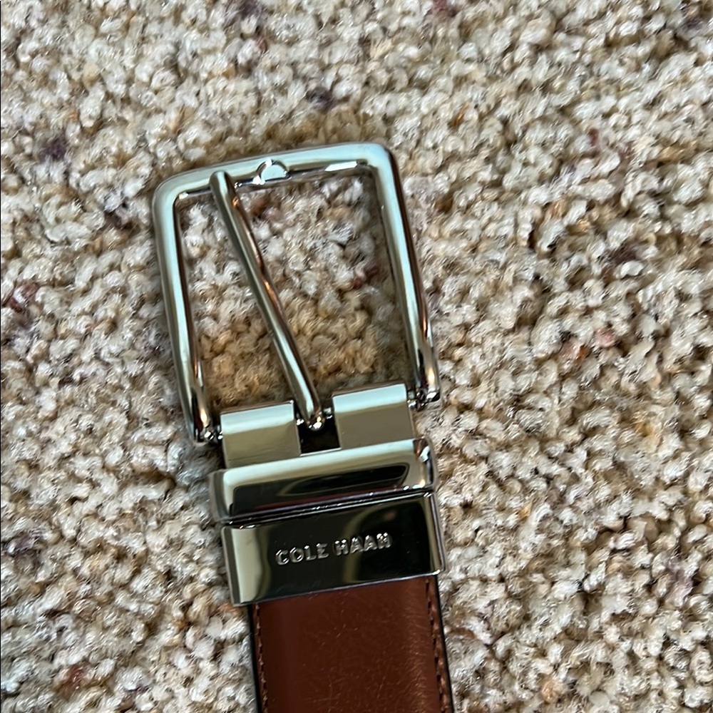 Cole Haan Brown Leather Belt with Shiny Silver Buckle